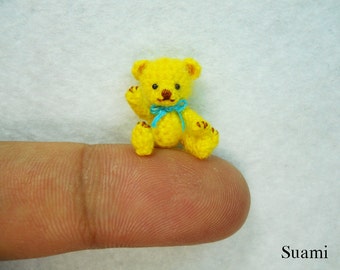 Miniature Mohair Bear 0.8 inch - Tiny Amigurumi Crochet Yellow Teddy Bear Blue Bow - Made To Order