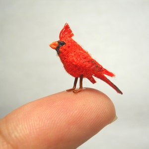 Cardinal in a Snowy Branch - Micro Amigurumi Miniature Crochet Bird Stuffed Animal - Made To Order