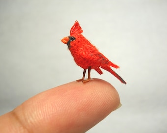 Cardinal in a Snowy Branch - Micro Amigurumi Miniature Crochet Bird Stuffed Animal - Made To Order