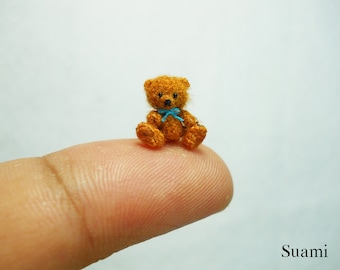 Micro Mohair Bear 0.4 Inch - Tiny Crochet Miniature Teddy Bear Blue Bow - Made To Order