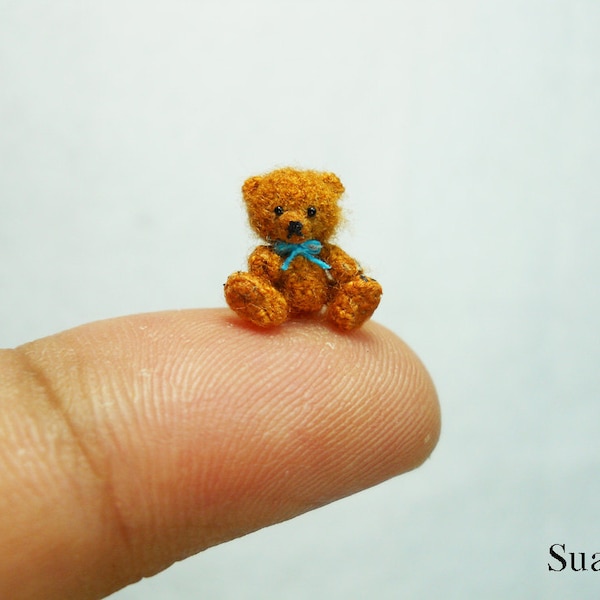 Micro Mohair Bear 0.4 Inch - Tiny Crochet Miniature Teddy Bear Blue Bow - Made To Order