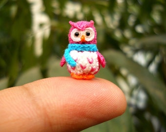 Pink Owl Blue Scarf  - Micro Crochet Miniature Bird - Made To Order