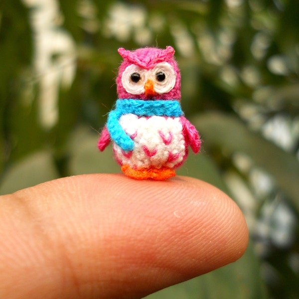 Pink Owl Blue Scarf  - Micro Crochet Miniature Bird - Made To Order