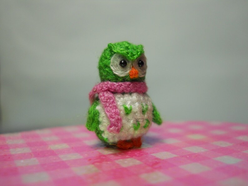 Green Owl Pink Scarf Micro Crochet Miniature Bird Made To Order image 3