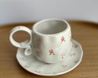Rose Ceramic Mug & Saucer – Cottagecore Floral Mug