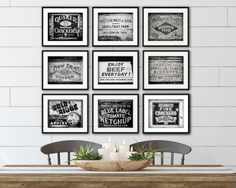 Farmhouse Kitchen Prints - Set of 9 - Black and White or Sepia Rustic Art for Dining Room - Housewarming Gifts