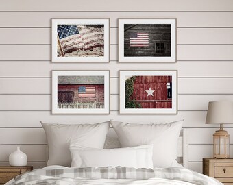 Set of 4 Barn Prints with American Flags and Stars - Patriotic Americana Decor - Red White Blue Farmhouse Wall Art - Perfect Gift for Mom