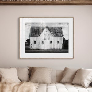 Black and White Wall Art Modern Farmhouse Print or Canvas Rustic White Barn Landscape Photo for Family Room, Living Room or Office Decor image 1