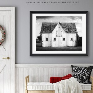 Black and White Wall Art Modern Farmhouse Print or Canvas Rustic White Barn Landscape Photo for Family Room, Living Room or Office Decor image 5