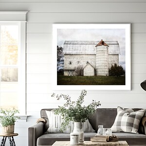 Farmhouse Vintage White Barn Landscape Print or Canvas Rustic Wall Decor for Living Room Gift for Her image 5