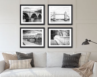 SALE Set of 4 • Black and White Prints • Black and White Wall Art • Bridge Photography • London, Italy, New York, Scotland • Modern Wall Art
