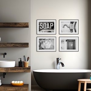 Bathroom Wall Art Decor - Set of 4 Prints in Black and White - Rustic Farmhouse and Vintage Style - Neutral Bathroom Art