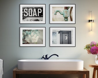 Farmhouse Bathroom Wall Decor Prints or Canvas, Rustic Bathroom Art Set, Teal, Black, Blue, Soap Sign, Water Pump, Outhouse Moon, Bath Art