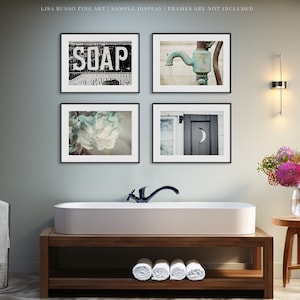 Farmhouse Bathroom Wall Decor Prints or Canvas, Rustic Bathroom Art Set, Teal, Black, Blue, Soap Sign, Water Pump, Outhouse Moon, Bath Art