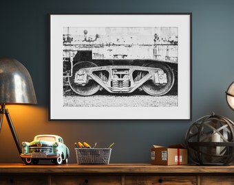 Black and White Industrial Wall Art - Railcar Bogie Print - Steampunk Gritty Design - Gift for Men - Office, Den or Gameroom Decor