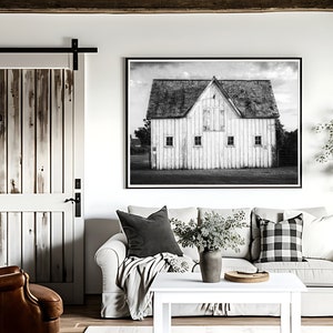 Black and White Wall Art Modern Farmhouse Print or Canvas Rustic White Barn Landscape Photo for Family Room, Living Room or Office Decor image 3