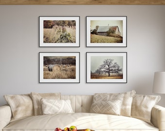 Farmhouse Wall Art - Set of 4 Prints or Canvases - Neutral Gold Beige and Brown - Barn Cornfield Oak Tree and Hay Field - Housewarming Gift