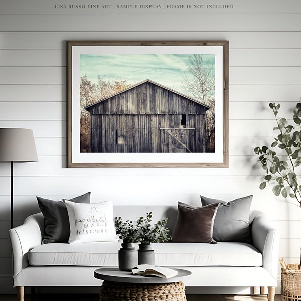 Rustic Barn Landscape Wall Art - Grey and Aqua Vintage Farmhouse Decor for Large Living Room - Print or Ready to Hang Canvas