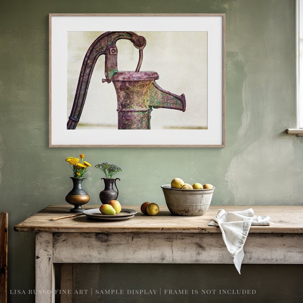 Vintage Plum and Green Pitcher Pump Wall Art Print for Bathroom, Laundry Room or Kitchen - Rustic Farmhouse Decor