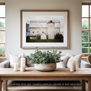 Farmhouse Vintage White Barn Landscape Print or Canvas Rustic Wall Decor for Living Room Gift for Her image 1