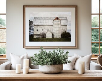Farmhouse Vintage White Barn Landscape Print or Canvas - Rustic Wall Decor for Living Room - Gift for Her