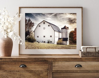 White Barn Landscape Print or Canvas - Rustic Farmhouse Wall Decor - Living Room Wall Art