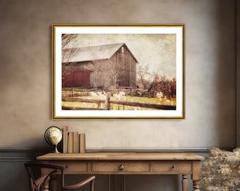 Vintage Barn Landscape Print or Canvas | Rustic Fall Earthtone Farmhouse Wall Decor for Country Living Room, Bedroom, Office or Entryway