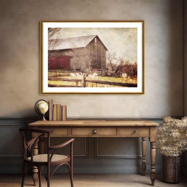 Vintage Barn Landscape Print or Canvas | Rustic Fall Earthtone Farmhouse Wall Decor for Country Living Room, Bedroom, Office or Entryway
