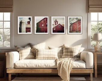 Red Farmhouse Art - Set of 4 - Vertical Barn Landscape Prints for Kitchen or Living Room - Rustic Country Decor - Gift for Her