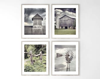 SALE Grey Farmhouse Decor • Farmhouse Wall Decor • Set of 4 Moody Grey Barn Prints or Canvas • Living Room Wall Decor, Bedroom Wall Decor