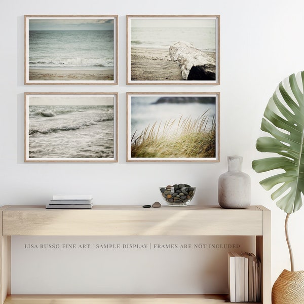 Coastal Beach Seascape Wall Art Set of 4 Prints in Pastel Blue, Green, Grey - Coastal Bathroom Decor or Bedroom Art - Beach Gifts