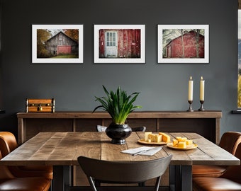 Red Barn Prints or Canvas - Set of 3 Farmhouse Wall Decor - Kitchen Foyer Office Bedroom - Landscape Photography