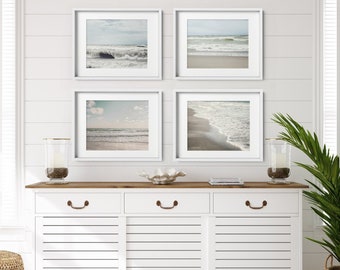 Coastal Beach Art Prints - Set of 4 in Neutral Beige and Blue - Minimalist Ocean and Shore Pictures for Bathroom or Bedroom - Gift for Her