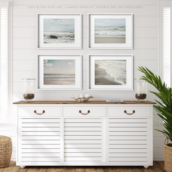 Coastal Beach Art Prints - Set of 4 in Neutral Beige and Blue - Minimalist Ocean and Shore Pictures for Bathroom or Bedroom - Gift for Her