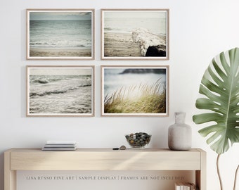 Coastal Beach Seascape Wall Art Set of 4 Prints in Pastel Blue, Green, Grey - Coastal Bathroom Decor or Bedroom Art - Beach Gifts