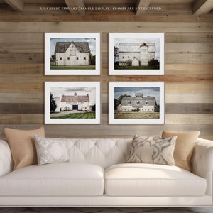 Farmhouse Wall Decor - Set of 4 White Barn Landscape Prints or Canvas Wraps for Living Room, Kitchen, Bedroom or Foyer Decor