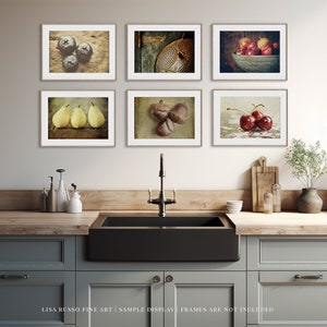 Country Kitchen Wall Art Set - 6 Prints or Canvas Wraps - Gift for Mom - Yellow Brown Red - Apples Pears Cherries Blueberries