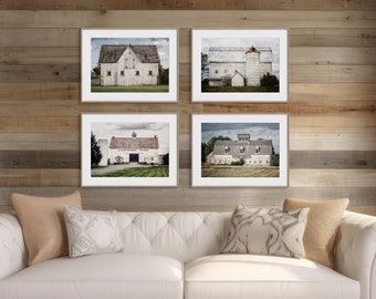 Farmhouse Wall Decor - Set of 4 White Barn Landscape Prints or Canvas Wraps for Living Room, Kitchen, Bedroom or Foyer Decor