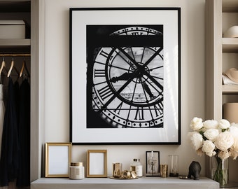 Paris France Wall Art Print - Musee d'Orsay Clock in Black and White - Vintage yet Modern Travel Print for Industrial Home Decor