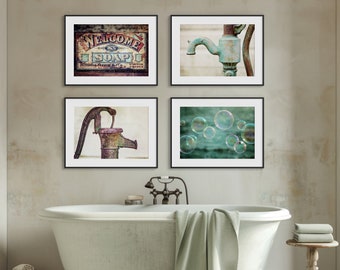 Rustic Farmhouse Laundry Room or Bathroom Wall Art Set - Teal Bubbles, Vintage Soap Sign,  Aqua Green Pitcher Pumps - Prints or Canvas