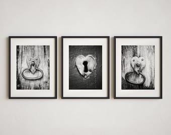 Black and White Bedroom Wall Decor - Wedding, Anniversary Gift for Spouse, Mom - Set 3 Prints or Canvas Wraps with Hearts