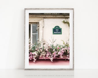 Pink Paris Art Print - Pink Street Photography on Rue des Abbesses Montmartre with Pink Flowers - Nursery, Bathroom, Bedroom Wall Decor