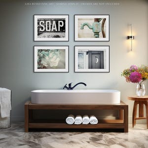 Farmhouse Bathroom Art Set: Rustic Aqua & Black Prints or Canvas