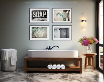 Farmhouse Bathroom Wall Decor Prints , Rustic Bathroom Art Set, Teal, Black, Blue, Soap Sign, Water Pump, Outhouse Moon | Curated Bundle