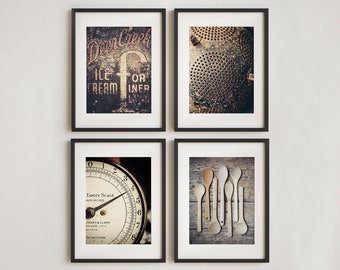 Kitchen Wall Art Prints or Canvas, Farmhouse Country Kitchen Wall Decor Set of 4 Brown Vintage Look Pictures, Gift for Mom, Warm Brown