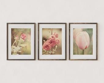 Láminas fotográficas florales estilo cottagecore, rosas y tulipanes rosas (juego de 3) - Láminas fotográficas sin marco