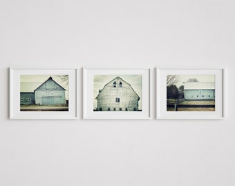 Farmhouse Wall Art Prints - Aqua Teal Blue Barn Landscape - Set of 3