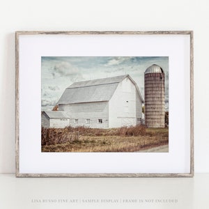 Farmhouse Fall Landscape Wall Art - White Barn Photography Print or Canvas - Modern Home Decor