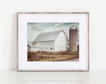 Farmhouse Fall Landscape Wall Art - White Barn Photography Print or Canvas - Modern Home Decor