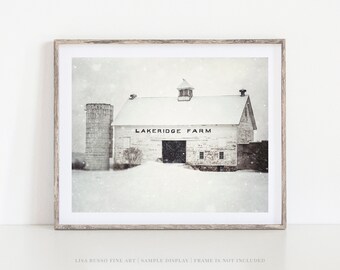 Winter Barn Landscape Print - White Farmhouse Wall Decor - Country Home Living Room Art